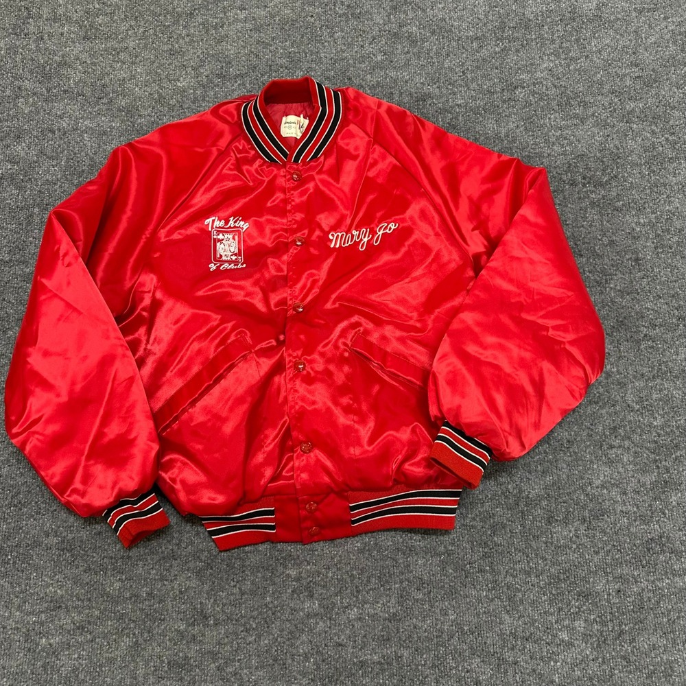 King Louie Varsity Jacket Mens Size M Red Satin King of Clubs USA Made Bomber